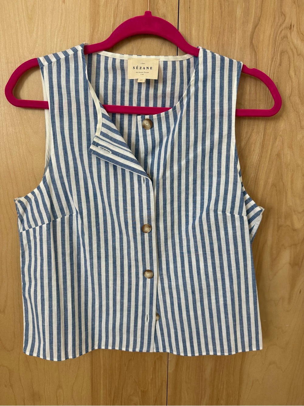 Blue and White Striped Linen Sleeveless Button Front Top